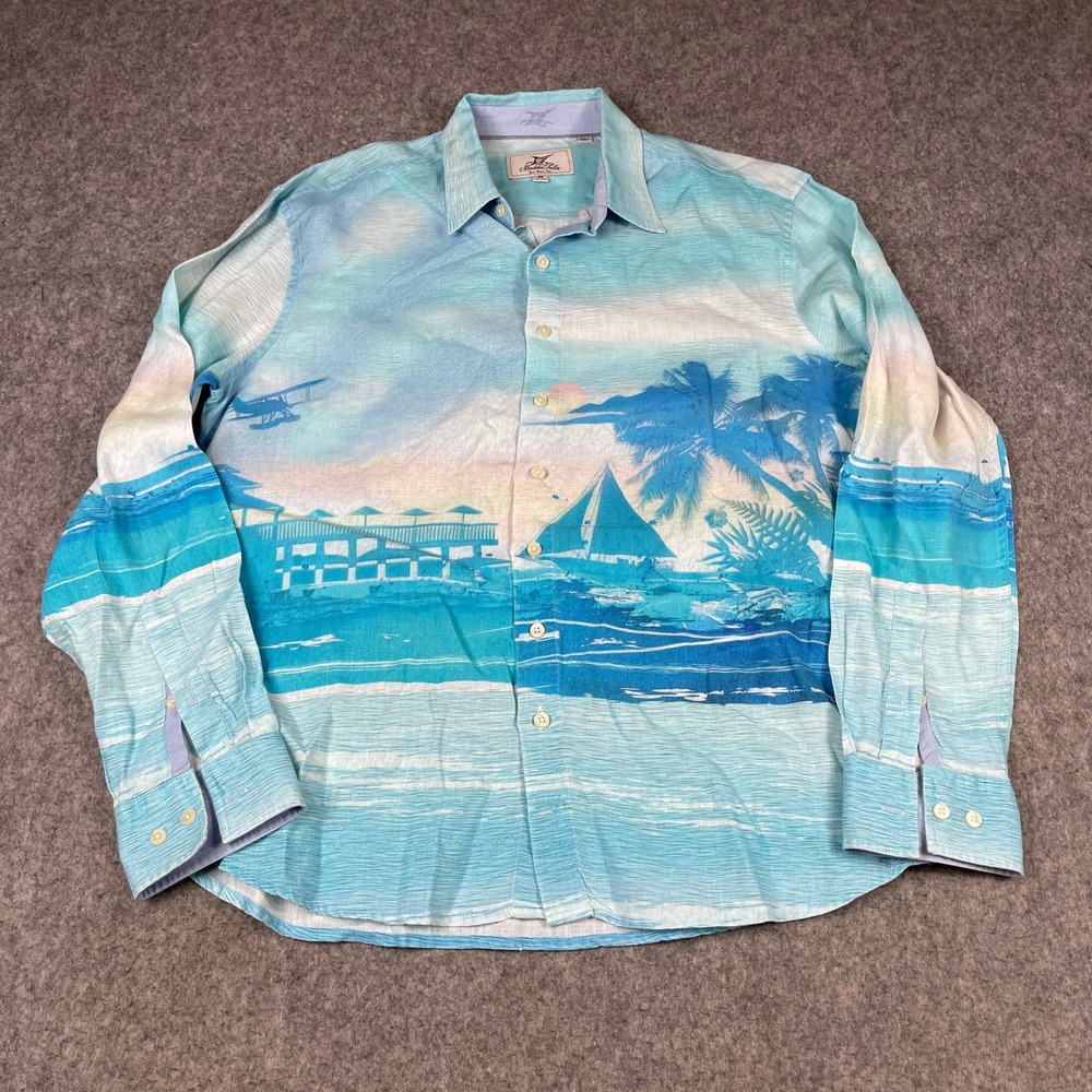 Madda Fella 100% Linen Shirt Mens Medium Blue Key West Tropical Print LS Coastal